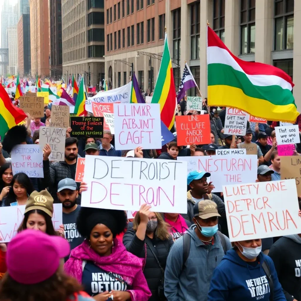 Protesters marching in Detroit rally with flags and signs.