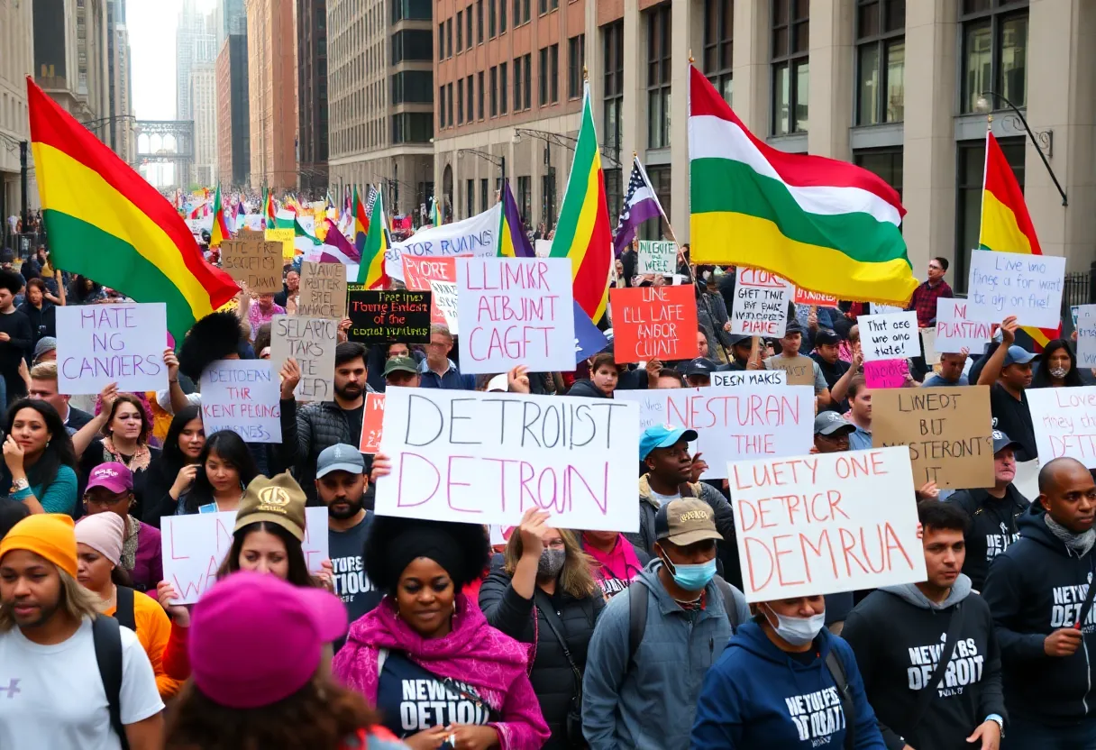 Protesters marching in Detroit rally with flags and signs.