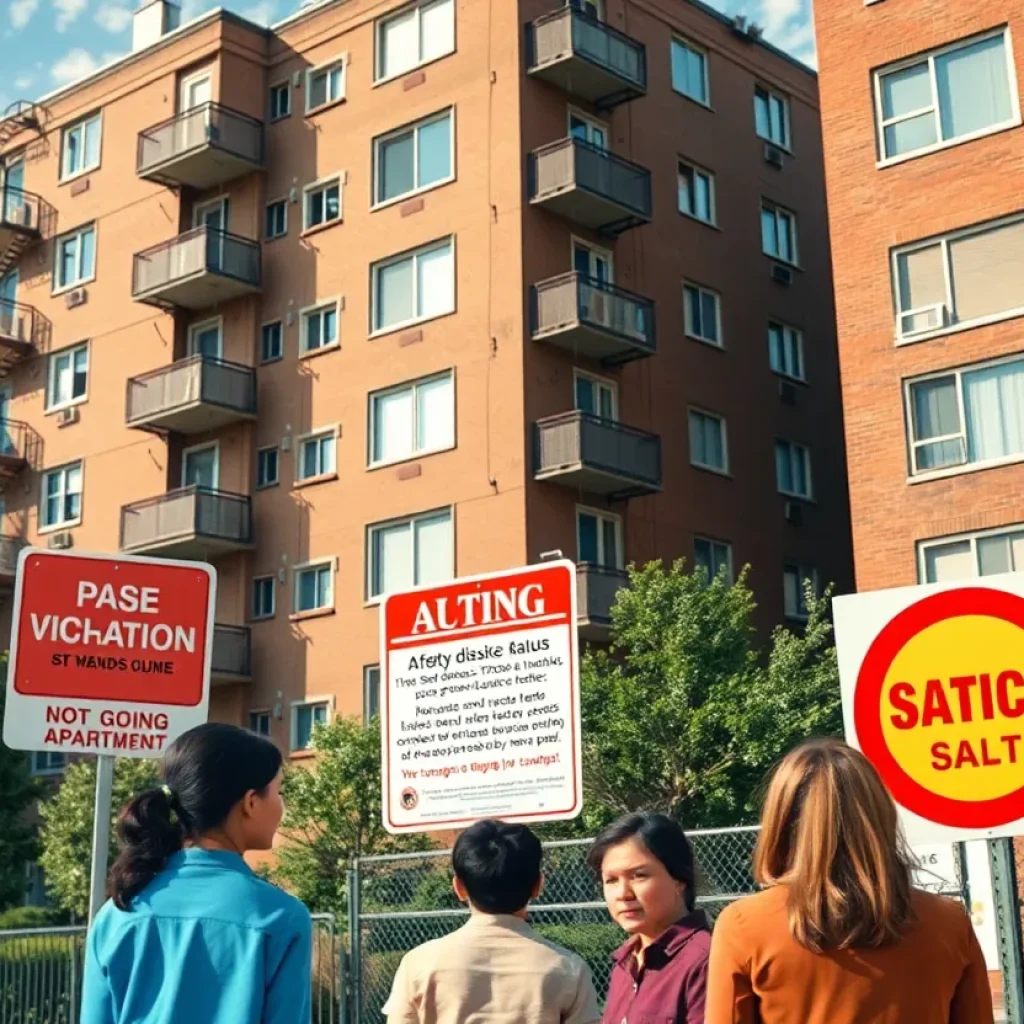 Apartment buildings in Detroit with safety violation signs and concerned families.