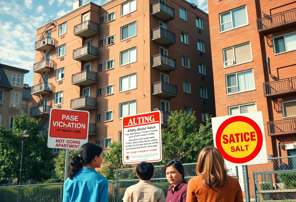 Apartment buildings in Detroit with safety violation signs and concerned families.