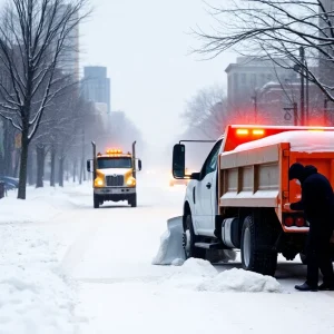 A snowy Detroit street scene with a person shoveling snow