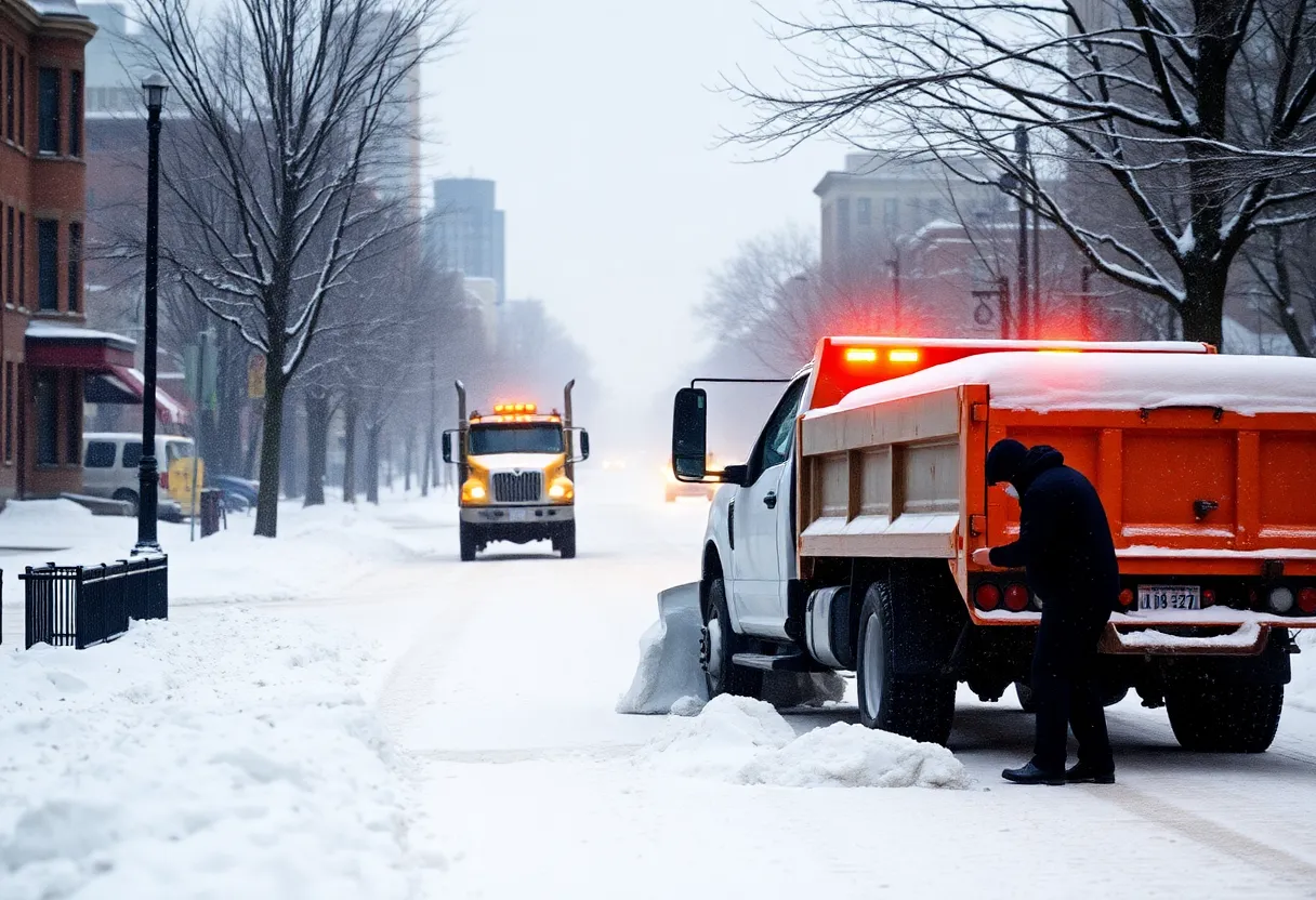 A snowy Detroit street scene with a person shoveling snow