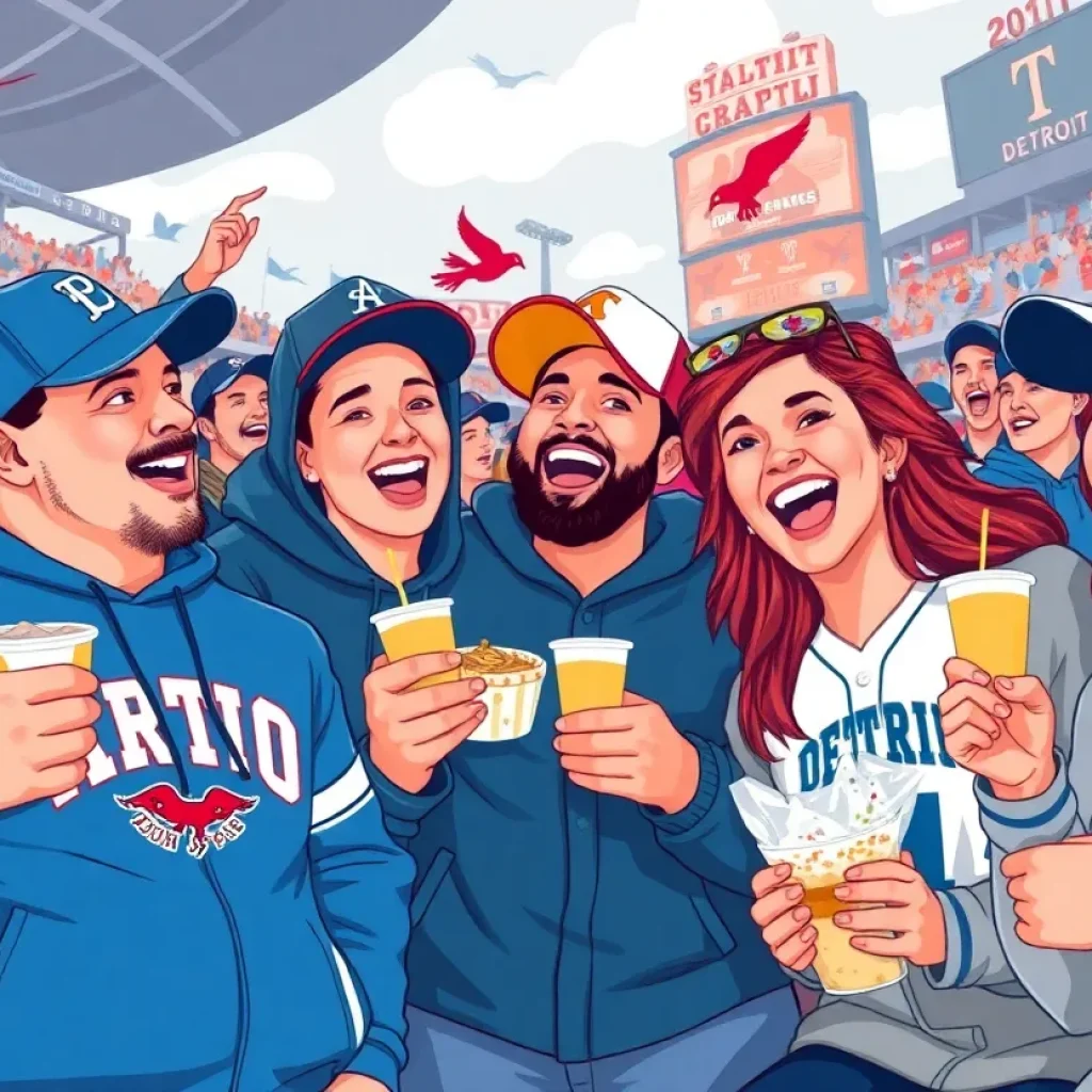 Illustration of Detroit sports fans celebrating with food and sports gear