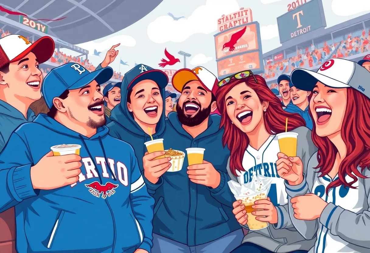 Illustration of Detroit sports fans celebrating with food and sports gear