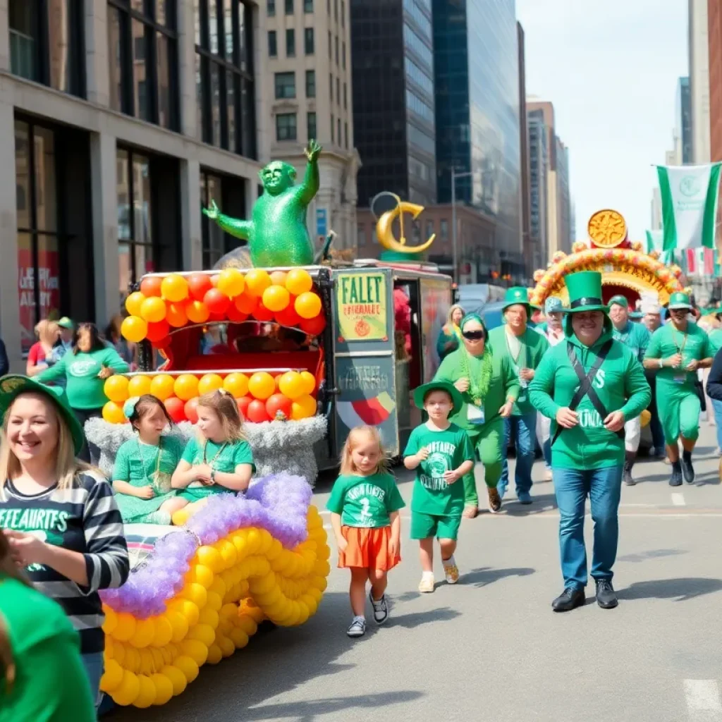 A vibrant St. Patrick's Day parade in Detroit with colorful floats and joyful participants.