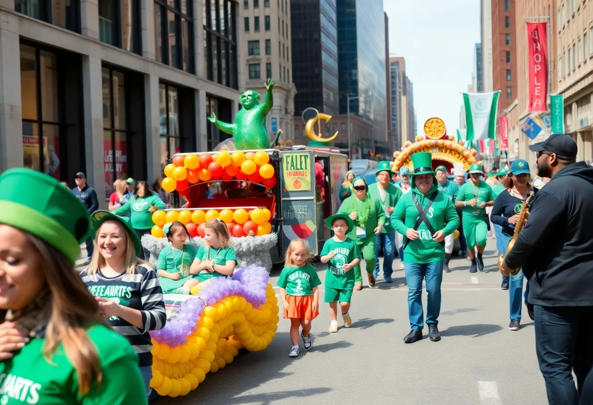 A vibrant St. Patrick's Day parade in Detroit with colorful floats and joyful participants.