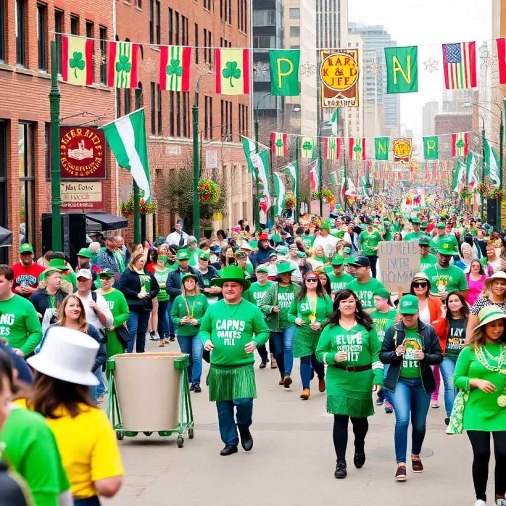 Crowd enjoying Detroit's St. Patrick's Day Parade filled with festive decorations and green attire.