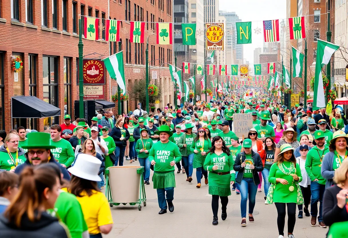 Crowd enjoying Detroit's St. Patrick's Day Parade filled with festive decorations and green attire.