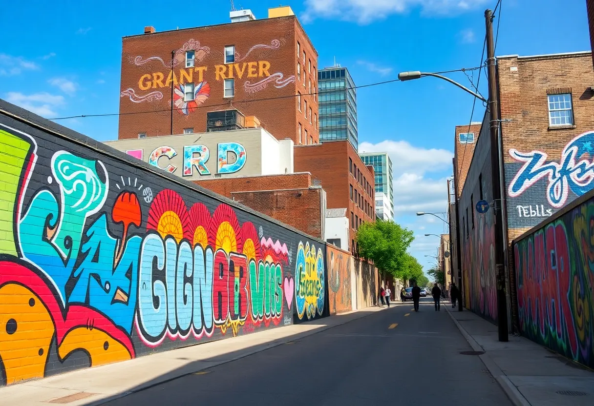 Vibrant murals on the streets of Detroit along the Grand River