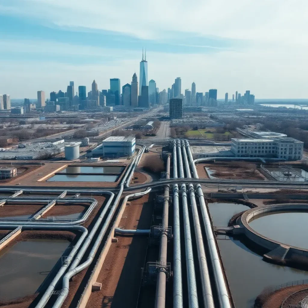 Aerial view of Detroit water infrastructure and skyline