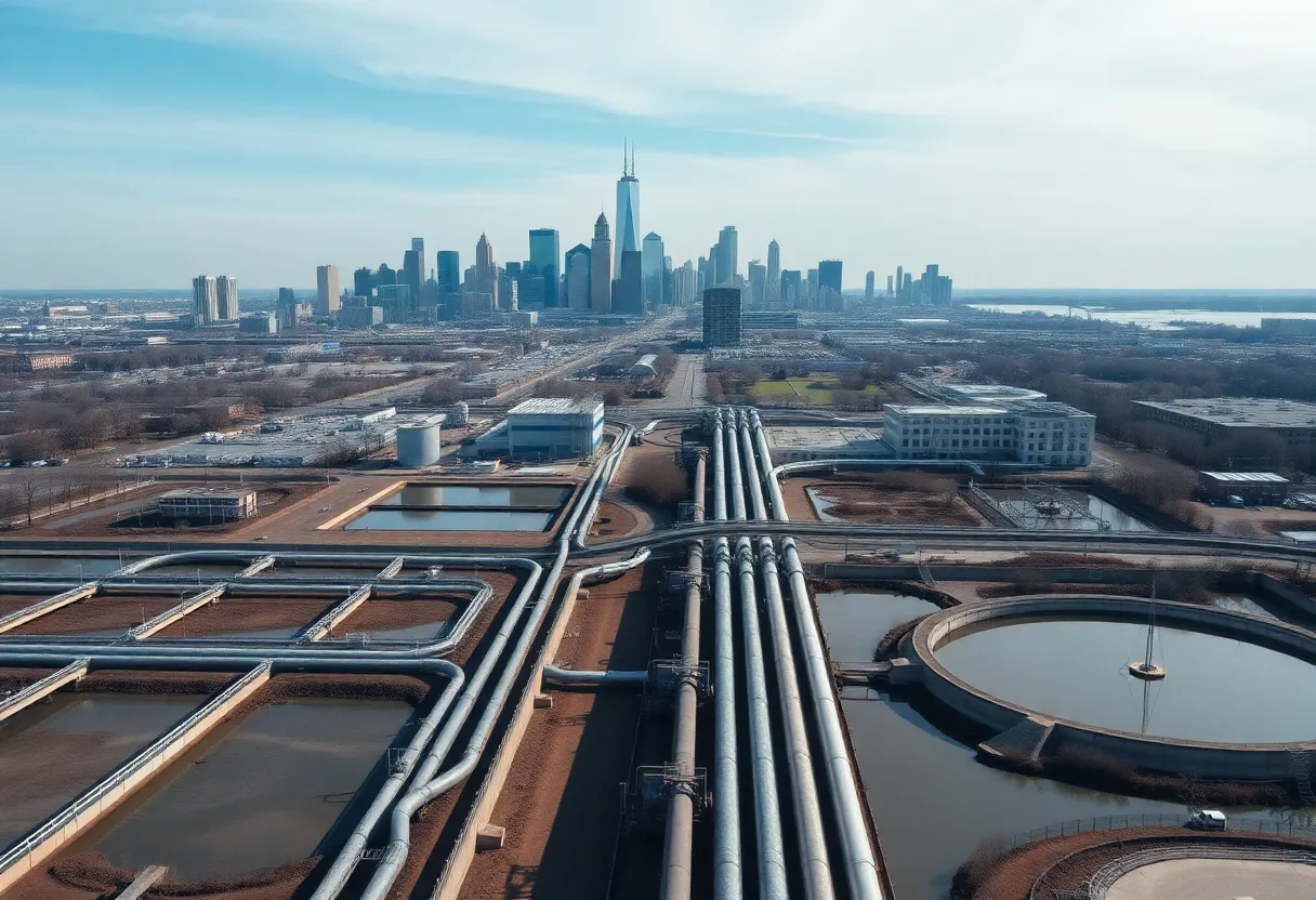 Aerial view of Detroit water infrastructure and skyline