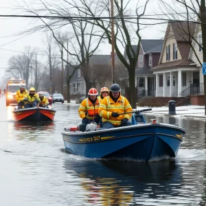 Emergency responders evacuating residents from a flooded street in Detroit.