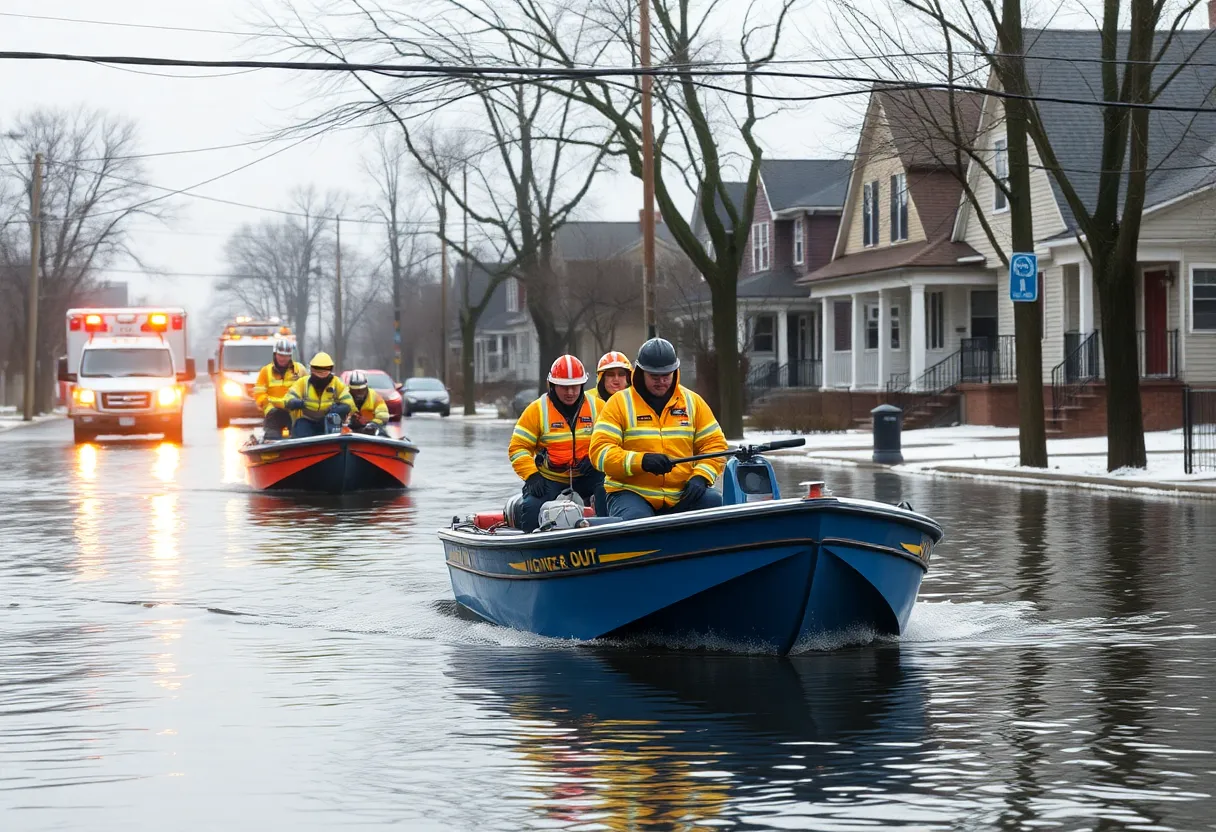 Emergency responders evacuating residents from a flooded street in Detroit.