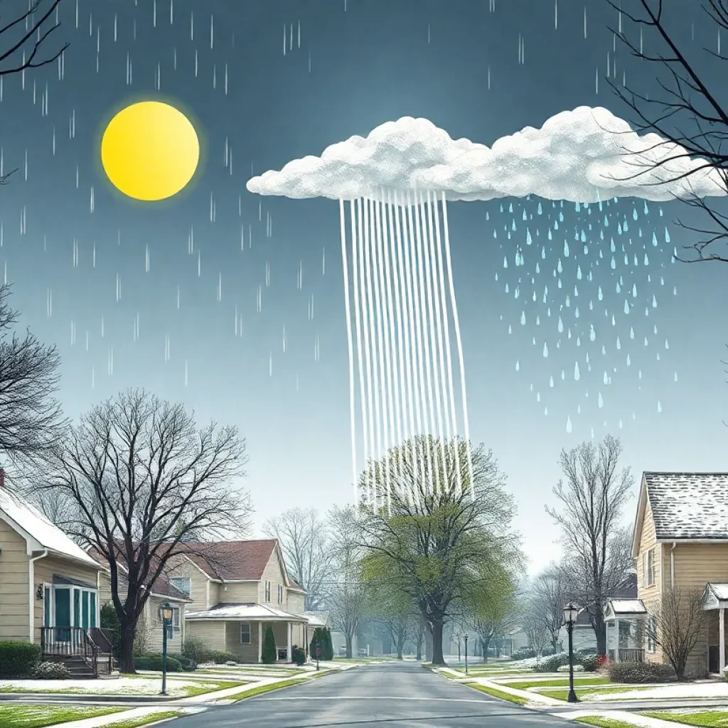 Illustration of fluctuating weather in Detroit with sunny skies, rain, and light snow.