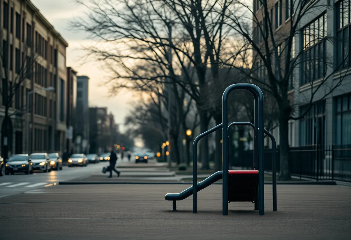 Empty playground in Detroit symbolizing loss and mourning