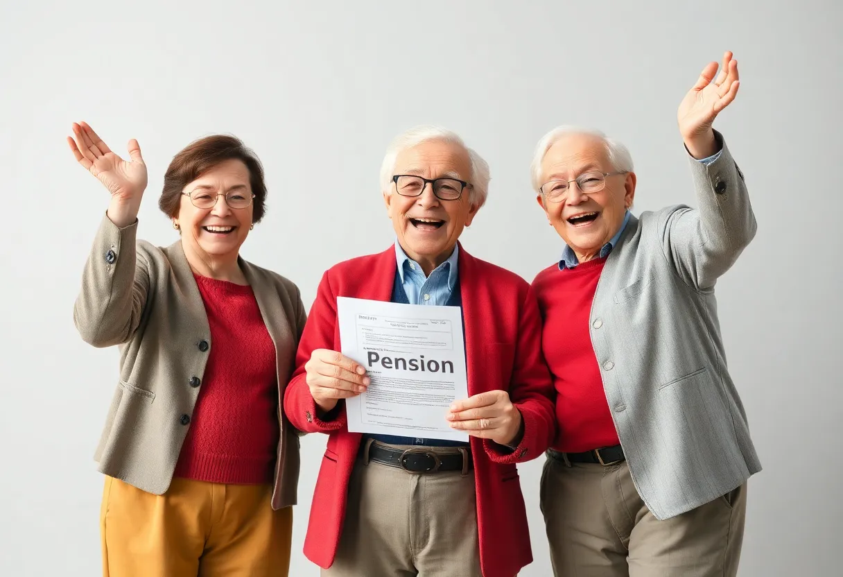 Happy Detroit retirees celebrating financial relief.