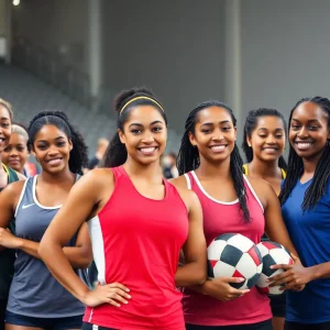 Group of diverse athletes competing in a sporting event, promoting inclusivity.