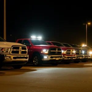 Row of Dodge Ram trucks parked in Detroit at night