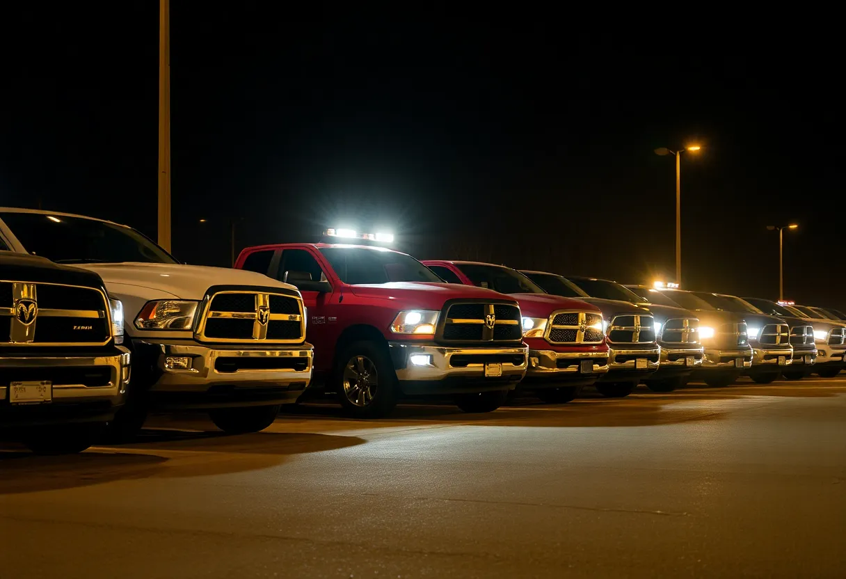 Row of Dodge Ram trucks parked in Detroit at night