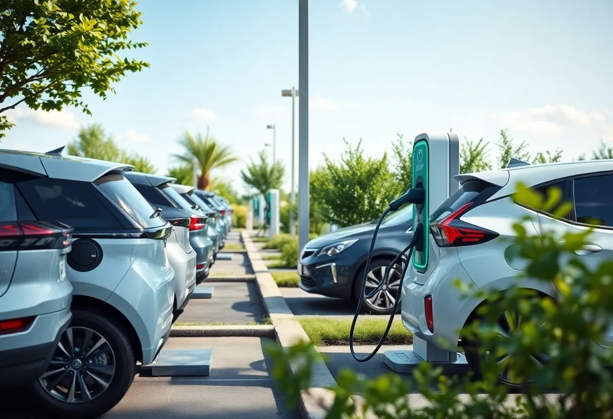 Electric vehicles at a charging station in a sustainable setting