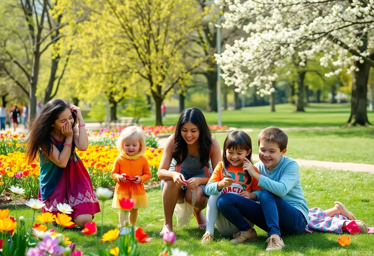 Families enjoying spring outdoor activities in Metro Detroit park