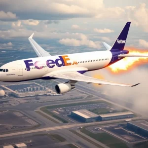 FedEx cargo plane in emergency with flames from engine