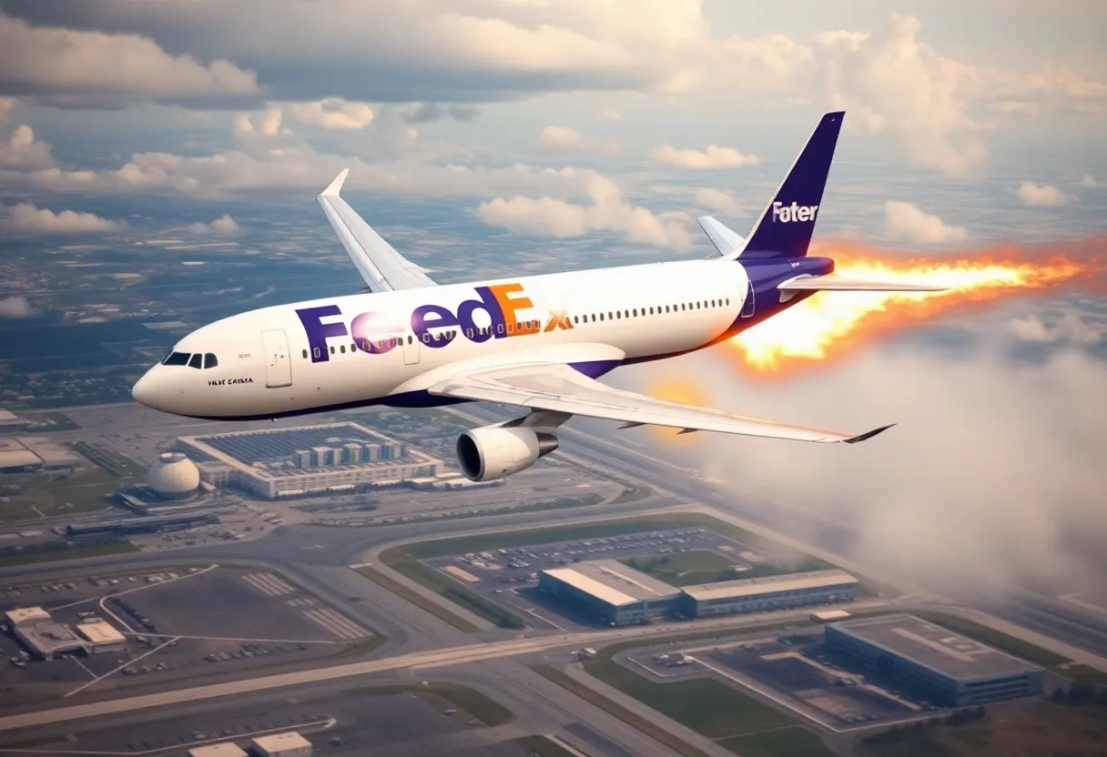 FedEx cargo plane in emergency with flames from engine