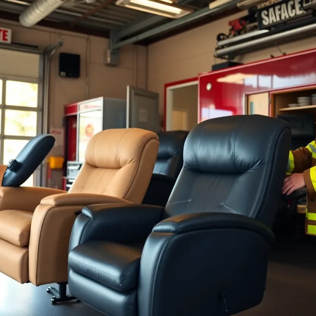 Firefighters with new recliners in a fire station during Detroit's 313 Day celebration.