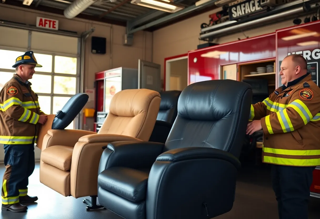 Firefighters with new recliners in a fire station during Detroit's 313 Day celebration.