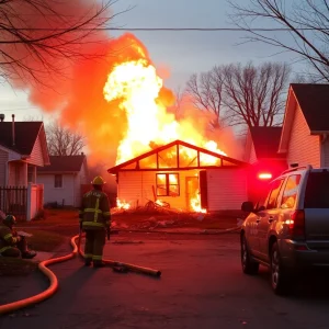 Firefighters assess the scene of a house explosion in Garden City, Michigan.