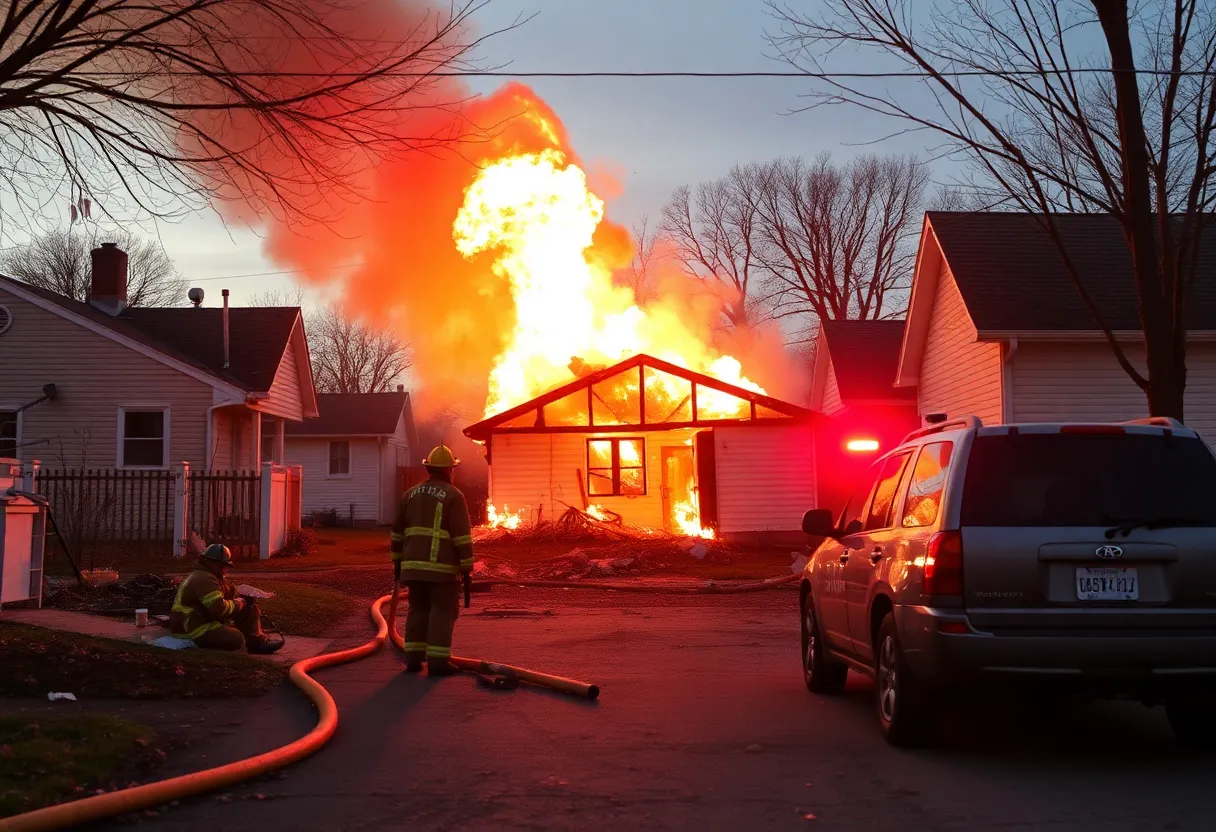 Firefighters assess the scene of a house explosion in Garden City, Michigan.