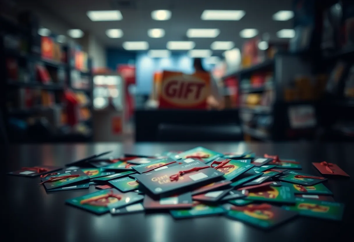 Scattered gift cards representing fraud