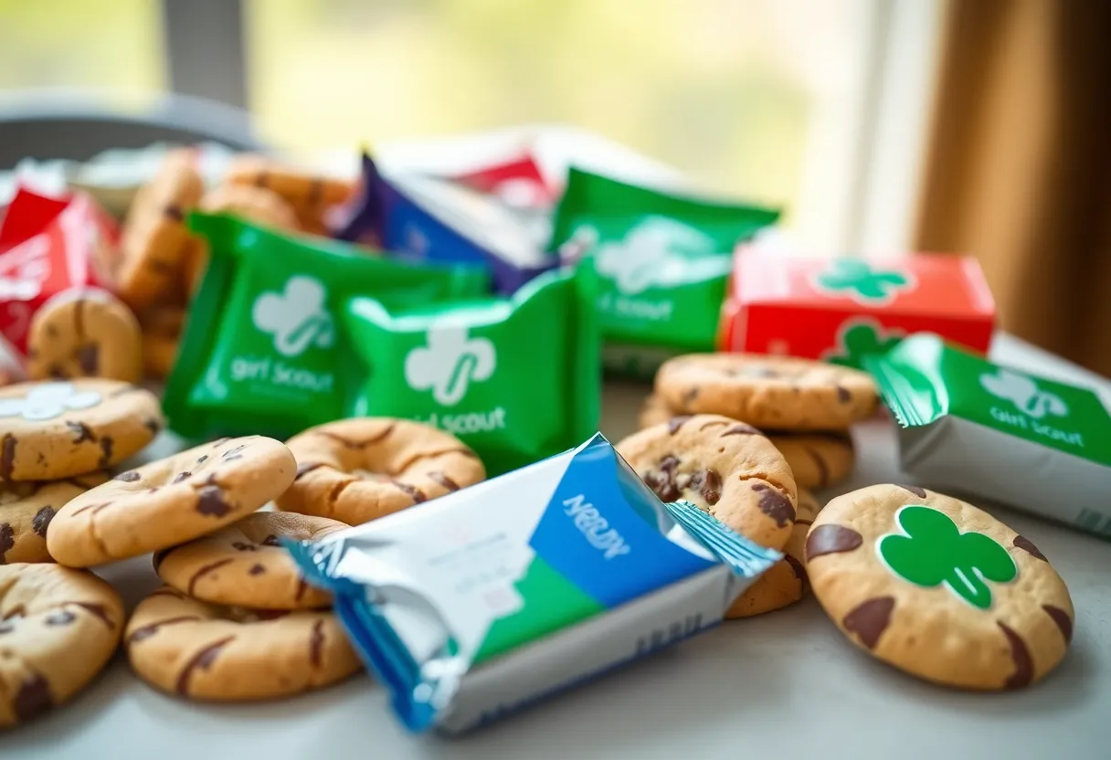 An assortment of Girl Scout Cookies displayed on a table