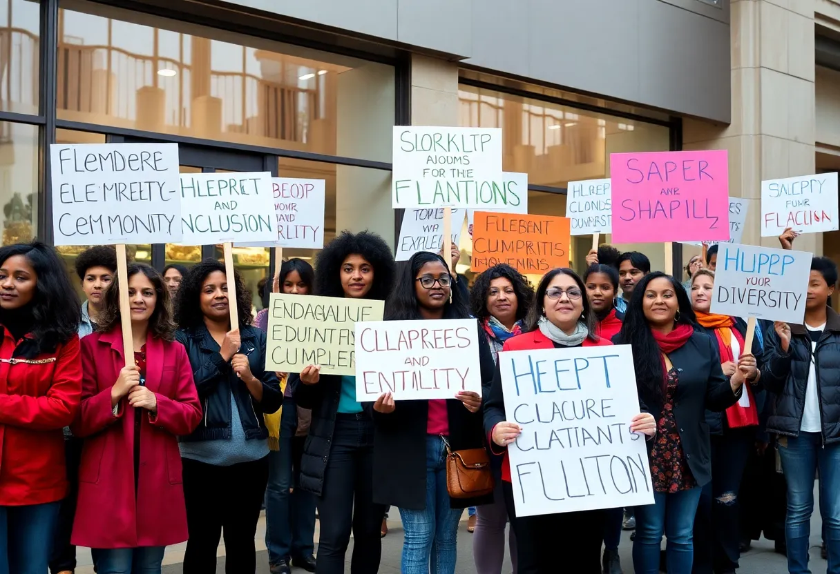 Community members protesting for diversity and inclusion outside a retail store