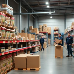 Empty shelves in a food distribution warehouse of Harvest Sherwood Foods.