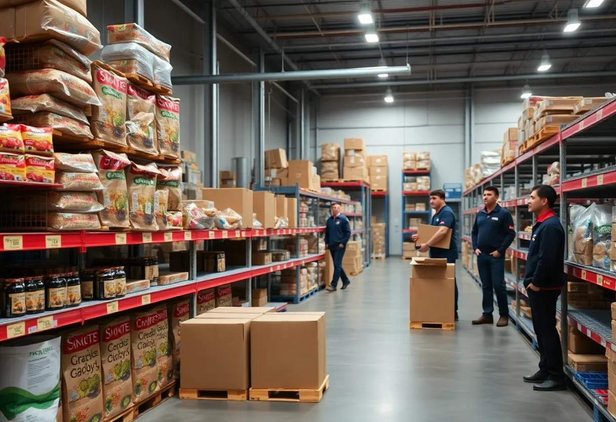 Empty shelves in a food distribution warehouse of Harvest Sherwood Foods.