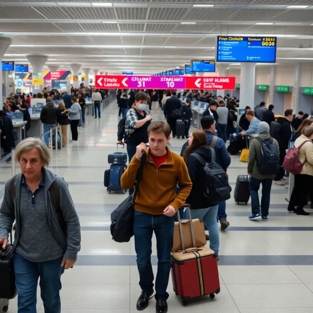 Empty Heathrow Airport terminal with frustrated travelers