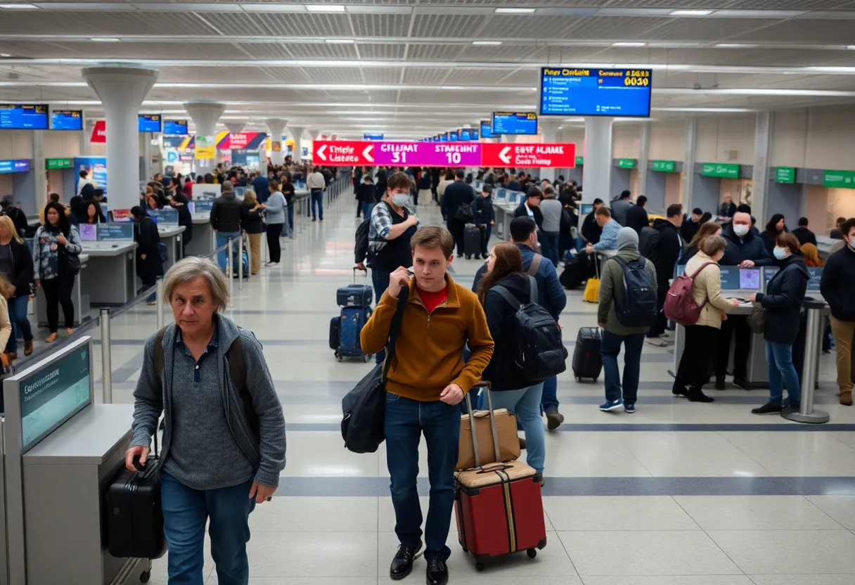 Empty Heathrow Airport terminal with frustrated travelers