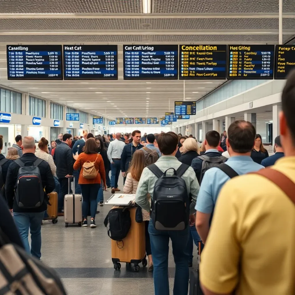 Crowded Heathrow Airport terminal amidst flight cancellations