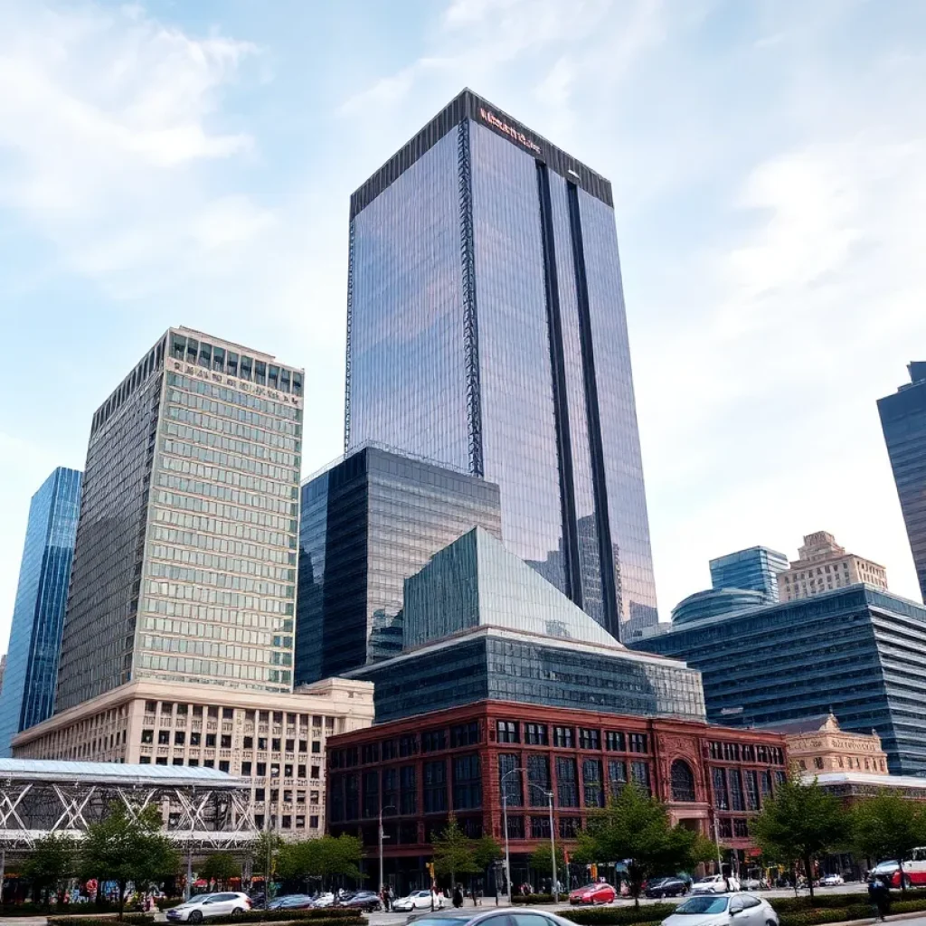 A view of Hudson's development in downtown Detroit with the skyline.