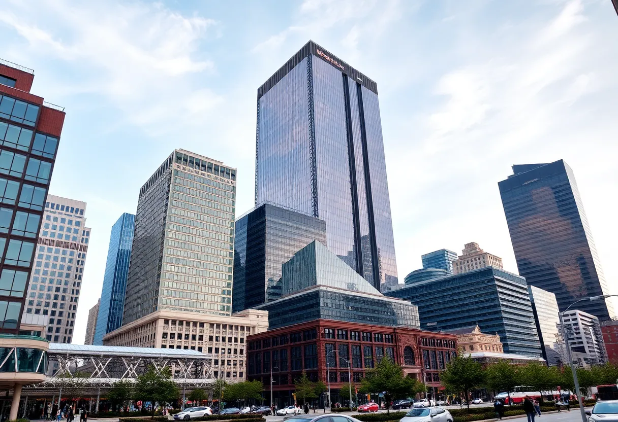 A view of Hudson's development in downtown Detroit with the skyline.