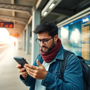 Traveler frustrated with IRCTC app outage at a railway station.