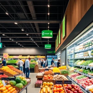 Interior view of a Kroger grocery store with fresh produce and shoppers.