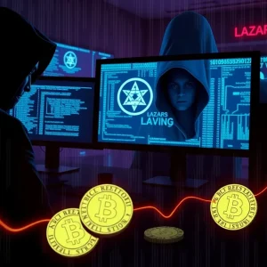 Digital representation of the Lazarus Group's cybercrime activities related to cryptocurrency theft.