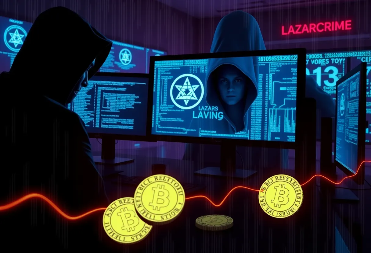 Digital representation of the Lazarus Group's cybercrime activities related to cryptocurrency theft.