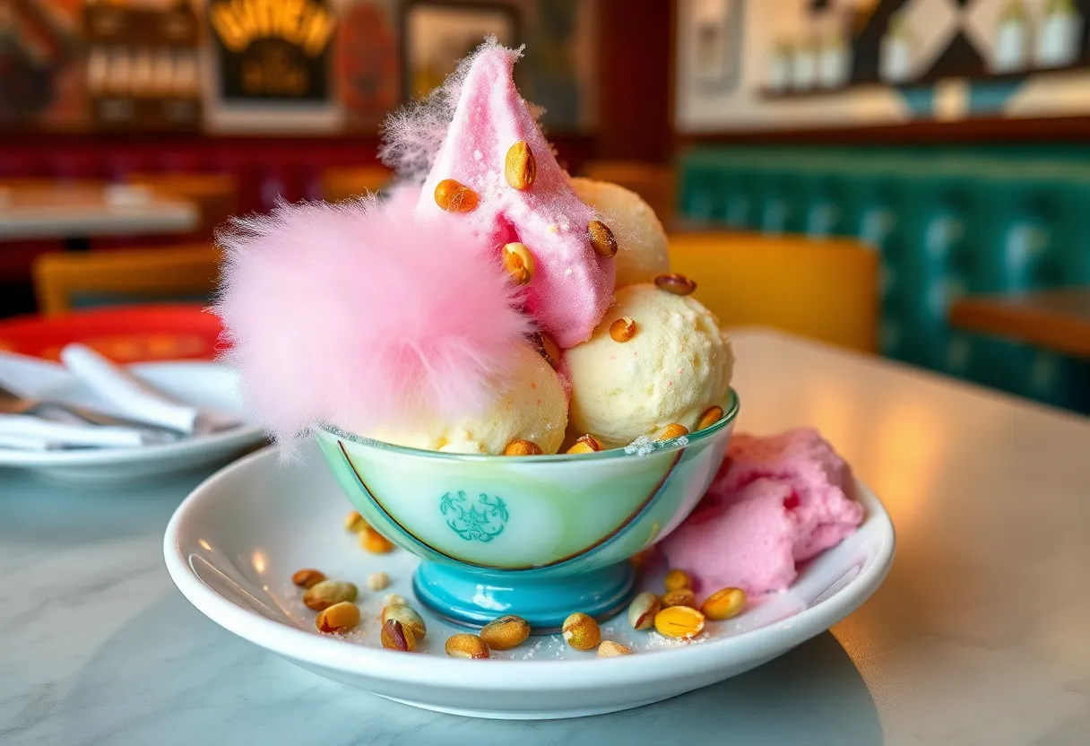 Lebanese Sundae featuring rose-flavored ice cream, fairy floss, and pistachios