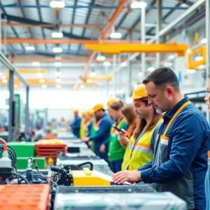 Workers at a manufacturing facility focused on sustainability