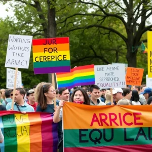 Rally advocating for marriage equality in Michigan with diverse participants.