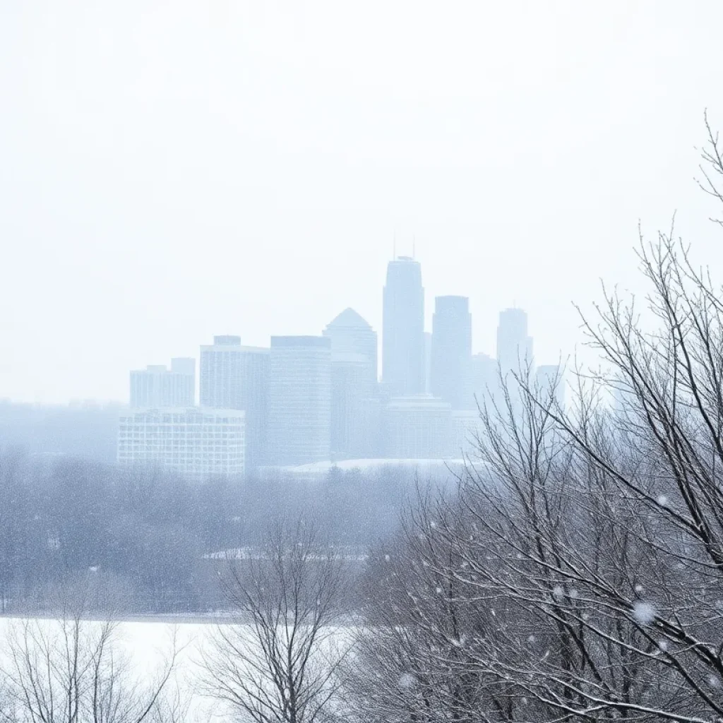 Winter landscape in Metro Detroit with snow and skyline