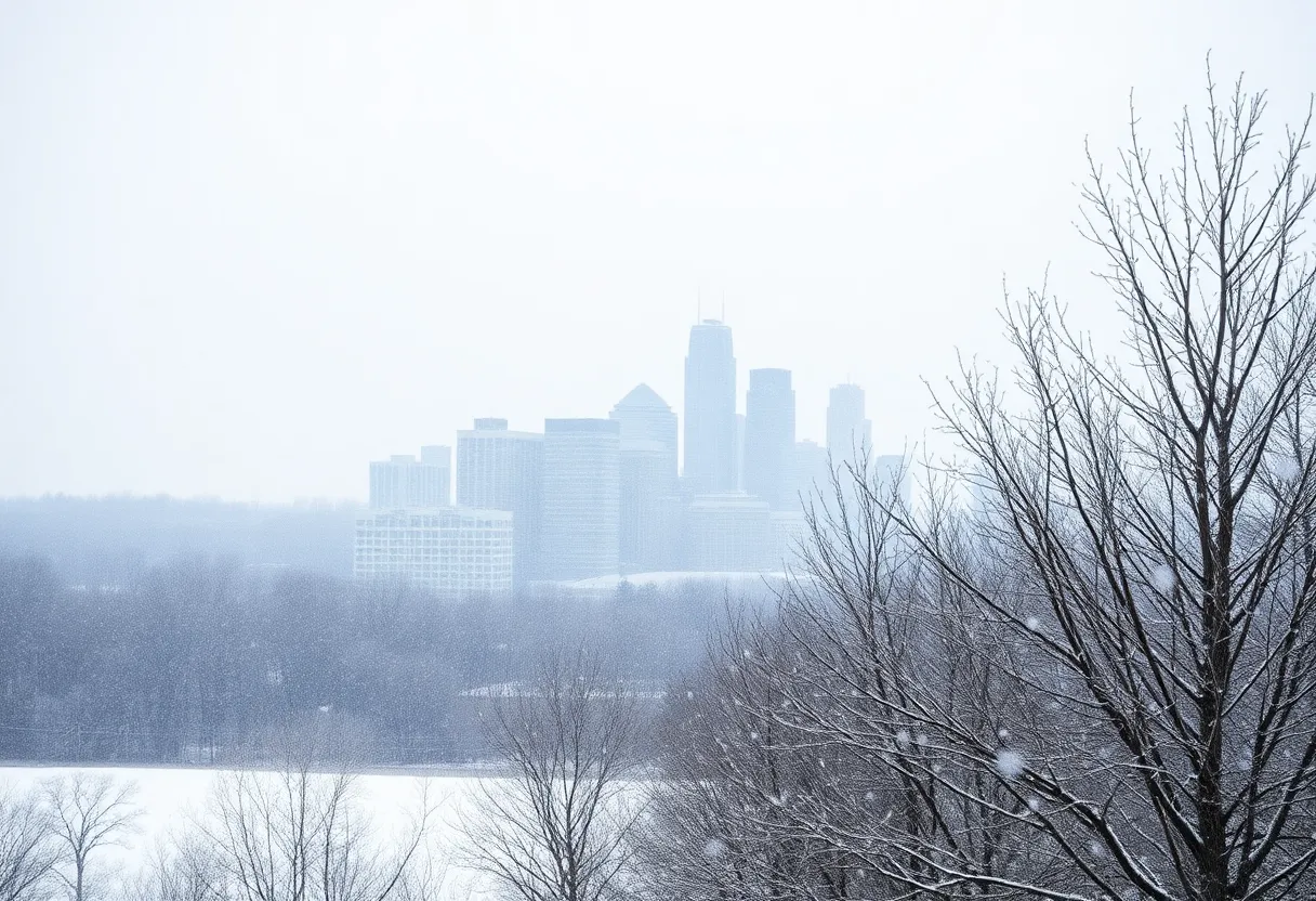 Winter landscape in Metro Detroit with snow and skyline